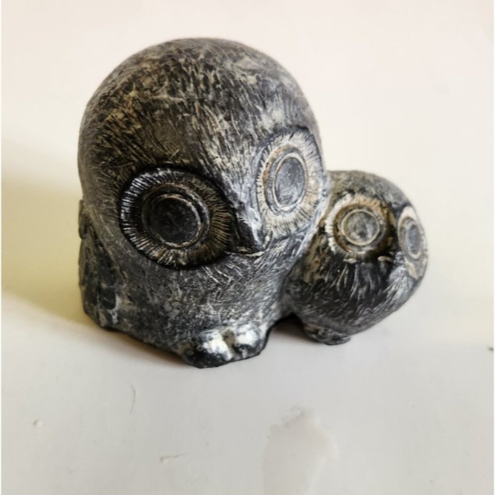 Wolf Original Mother Baby Owl Black Soapstone Carved  Sculpture Vintage Figurine